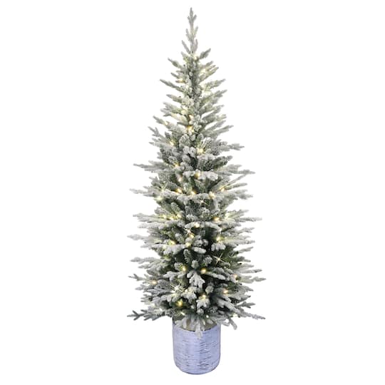 7.5Ft Pre-Lit Flocked Arctic Fir Pencil Artificial Christmas Tree, Warm White LED Lights By Puleo International in Green | 7.5 ft | Michaels®